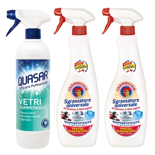 Zestaw QUASAR VETRI AMONIAK (580 ml) + Chanteclair Sgrassatore Universale Marsiglia - włoski odtłuszczacz (2 x 600 ml)