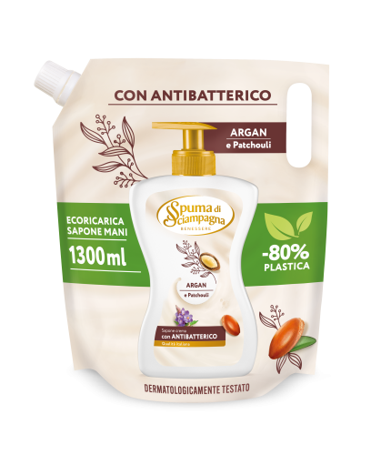 SdS_Ecoricarica_SaponeCrema_ArganPatchouli_1300ml_Fronte.pngSpuma di Sciampagna Argan i paczuli - mydło w płynie uzupełnienie (1,3 L)