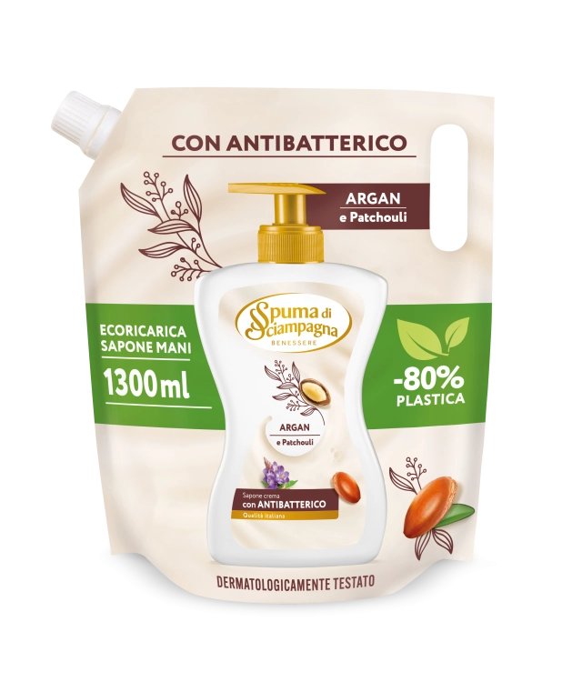 SdS_Ecoricarica_SaponeCrema_ArganPatchouli_1300ml_Fronte.pngSpuma di Sciampagna Argan i paczuli - mydło w płynie uzupełnienie (1,3 L)