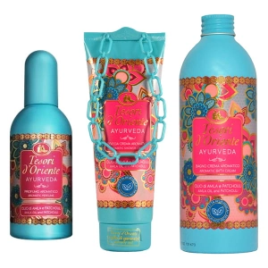 Zestaw Tesori d'Oriente Ayurveda Amla i paczuli - żel pod prysznic, płyn do kąpieli, perfumy